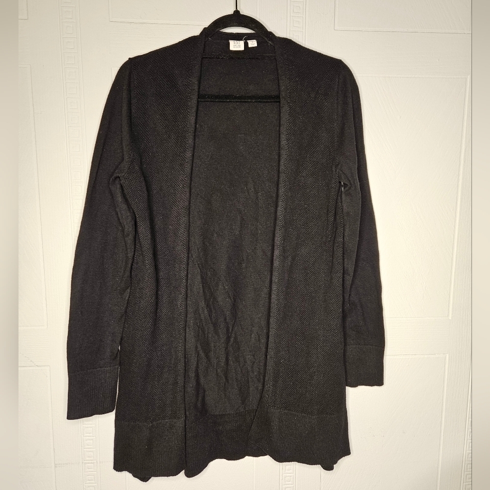 Gap Black Cotton Open Front Long Sleeve Waffle Knit Front Cardigan Sz S EUC